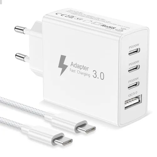 USB C Ladegerät, 50W 4 Ports Schnellladegerät mit USB-C auf USBC Kabel 2M, USB Stecker Mehrfach Power Adapter PD 3.0 USB Netzteil für iPhone 17 16 15 14 13 12 11 Pro Max, iPad, Samsung, Google,Handys