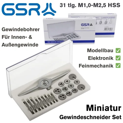 GSR Miniatur Gewindeschneidsortiment 31 tlg. M1,0-M2,5 HSS Handgewindebohrer - Gewindebohrer-Set für präzise Gewinde, 31-teilig aus hochwertigem HSS, ideal für feine Gewindearbeiten in Modellbau und Hobby.