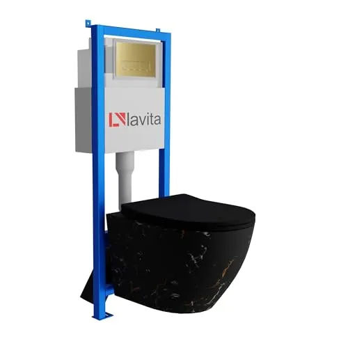 Lavita LAV 101 Vorwandelement für WC 40cm + Wand Hänge Tiefspül WC SOFI SLIM FIRE Schwarz Spülrandlos + Bedienplatte LAV 200.3.5 Gold | Komplettset | Unterputz Spülkasten | Toilette Komplett Sett