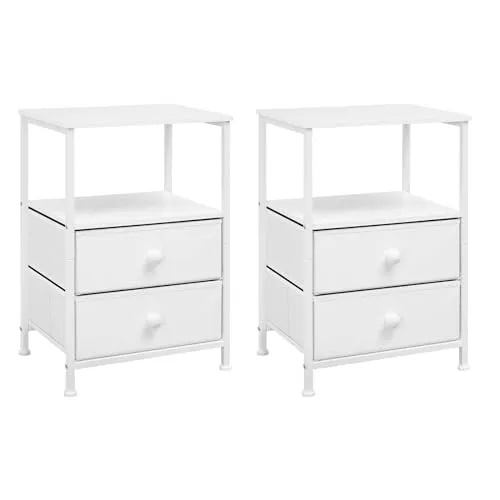 EUGAD 2er Set Nachttische mit 2 Schubladen und 1 Ablagen, 40x60x30 cm, Nachtkommode Nachtschrank Beistelltisch Couchtisch Sofatisch, aus Vliesstoff, Metall, Holz, Weiß, 0009CTG-2
