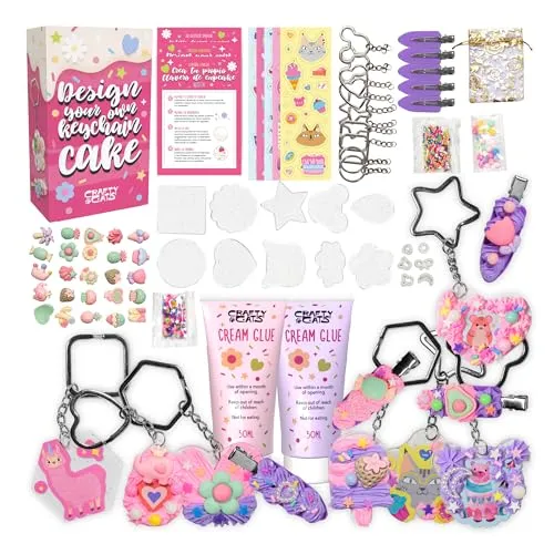 CRAFTY CATS Bastelset Kinder DIY Set für Kreativität Cupcake Schlüsselanhänger und Haarspangen mit Cremekleber Glitzer und Perlen Bastelkoffer Geschenk für Mädchen ab 6 Jahren ideal ab 8 Jahren