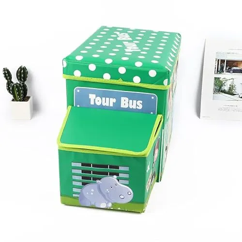 RHP Sitzbox Sitzhocker Kinder, Staubox mit Deckel, Spielzeug, faltbar, Polizei, Schulbus, Eiswagen, Zoo, Stauraum, Jungen & Mädchen, 50 l (Grün Tour Bus)