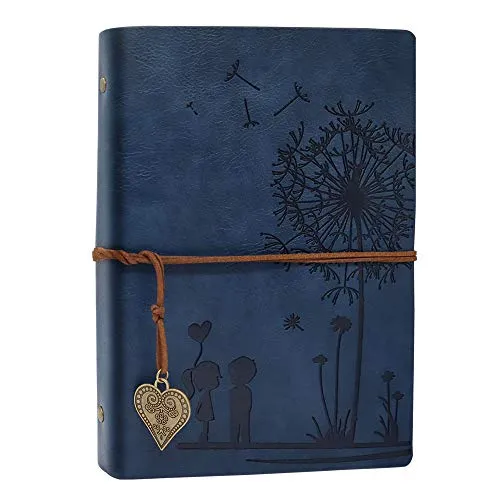Aomiduo A5 Notizbuch Nachfüllbar Blau Vintage PU Leder Notebooks Reise journal Gelbe Leere Papier Tagebuch für Zeichnen Skizzieren 100 GSM 100 Blatt Romantische Geschenke für Frauen Blau