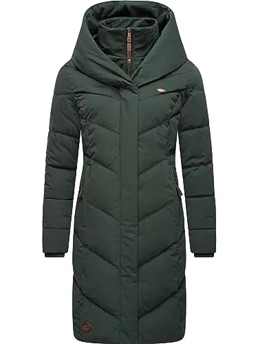 Ragwear Damen Wintermantel Natalka Intl Dark Green - Funktionsjacken: Stylischer, wasserdichter Steppmantel mit Kapuze, vegan und warm gefüttert – ideal für kalte Tage!