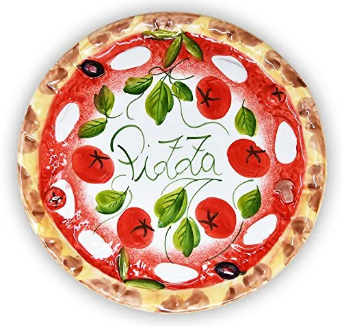 Lashuma Handgemachter Pizzateller Tomate Mozzarella – 33 cm rund aus italienischer Keramik - Pizzateller, handgefertigt aus feiner Keramik mit 3D Reliefrand, ideal für ansprechende Präsentation Ihrer Lieblingspizza oder Pasta.