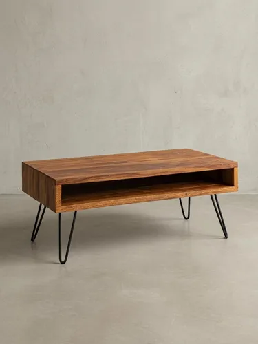 Design Couchtisch 100x40x50 cm aus Sheesham Massivholz & Metall