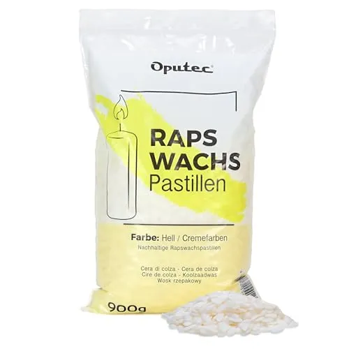 Oputec 900g Kerzenwachs-Pastillen – Kerzenwachs zum Gießen aus Raps – cremefarbenes Wachs für Kerzen selber machen & nachfüllen – eigene Kerzen aus natürlichem Rapswachs-Pastillen – Made in Germany
