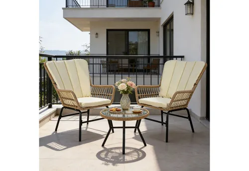 COSTWAY 3-teiliges Polyrattan Gartenmöbel Set mit Glastisch in beige von Costway