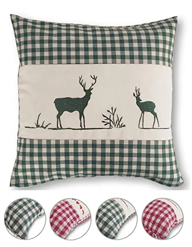 wometo Kissenhülle Zierkissen 40x40 OekoTex - Landhaus-Stil Dekokissen Sofakissen Stick Hirsch grün kariert, Karo grün Heller Hintergrund Reißverschluss