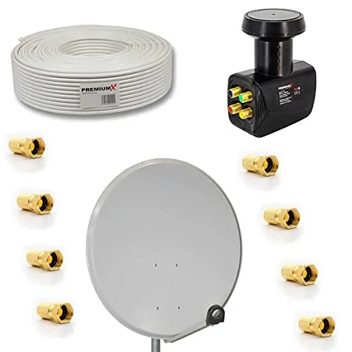 Premium X Satelliten-Komplettanlage 80cm - SAT-Antennen: 80 cm Aluminium Satellitenschüssel in Hellgrau, ideal für bis zu 8 Teilnehmer, bietet hohen Gewinn von 38,7 dB für beste Bildqualität in HD und UHD.