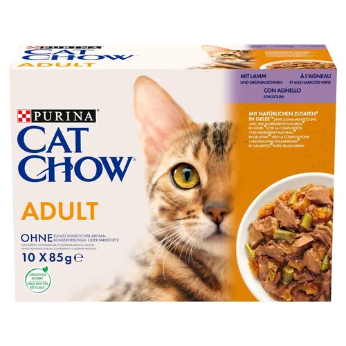 Purina Cat Chow Adult 10x85g Feuchtfutter für Katzen Lamm grünen Bohnen in Gelee