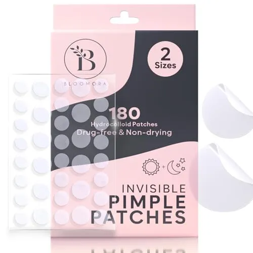 BLOOMORA Unsichtbare Pickel Patch (180 Stück), Hydrokolloid Pflaster für Akne, Anti Pickel Patches, Pimple Patches für das Gesicht, Pickel Pflaster (Größen S/L)