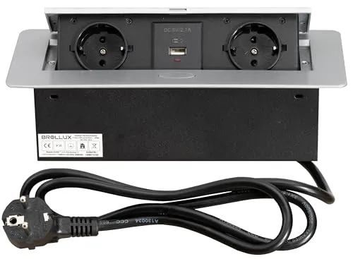 BROLLUX versenkbare Einbausteckdose 2fach mit USB/USBC - Steckdosen & Zubehör – Elegante, platzsparende Lösung mit Softöffnung für komfortablen Zugriff auf 2 Steckdosen und USB-Anschlüsse, ideal für Küchen und Büros.