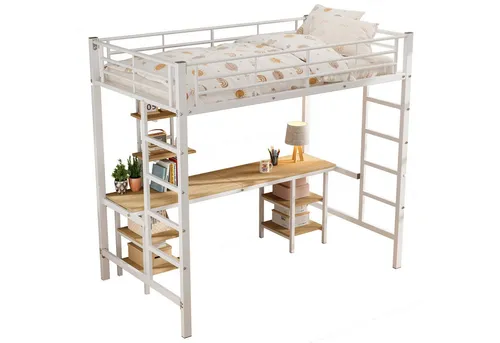 SOFTWEARY Hochbett mit Schreibtisch und Regal (90x200 cm) Metallbett mit Rausfallschutz, Jugendbett