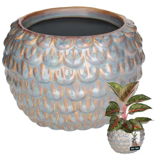 KOTARBAU® Kunstvoller Blumentopf-Keramik groß Vintage Fischschuppen-Muster handgefertigt ⌀ 17 cm Höhe 13 cm Blumenübertopf Keramik-Blumentopf Grau & Gold Orchideentopf