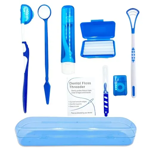 HRASY Tragbares kieferorthopädisches Mundpflege-Set für Zahnspangen, Interdentalbürste, Zahnwachs, Zahnseide, Zahnbürste, Reinigungsset (blau)