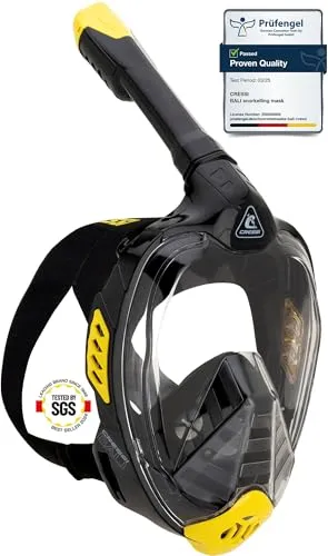 CRESSI Bali Full Face Mask Black/Yellow L/XL - Tauchermaske mit Kamera Halterung - Taucherbrillen mit fortschrittlicher Atemtechnologie und ultrakurzer Polycarbonat-Linse für ungehinderte Sicht. Ideal für sorgenfreies Schnorcheln und Unterwasseraufnahmen.
