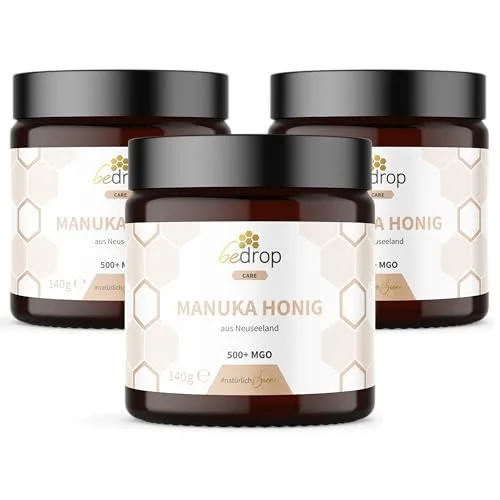 bedrop Manuka Honig MGO 500+ 3x 140g | Premium Qualität aus Neuseeland - Echter Manuka Honig aus Neuseeland in praktischer 3er-Packung. Zertifiziert mit MGO 500+, hergestellt unter höchsten Qualitätsstandards. Unterstütze nachhaltige Imkerei mit jedem Kauf!