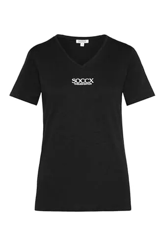SOCCX Damen Basic T-Shirt mit V-Ausschnitt und Logo Black Xs