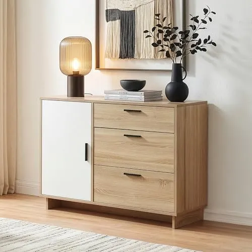[en.casa] Sideboard Kenta – Praktische Kommode mit 1 Tür und 3 Schubladen in Sonoma-Eicheoptik/Weiß