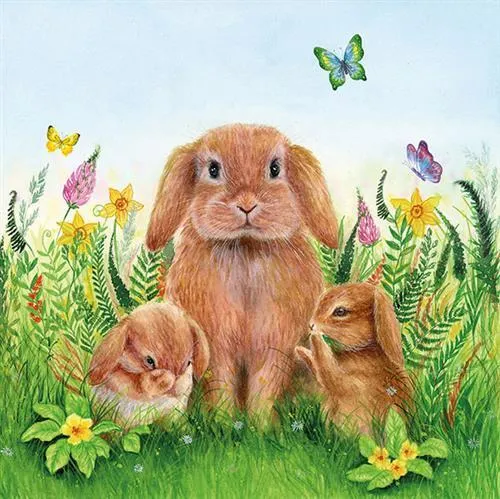Servietten Rabbit Family Hasen Familie Blumen Wiese Ostern Tischdeko 33x33cm 20