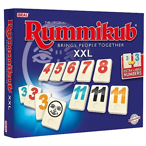 Rummikub XXL von Ideal - Familienspiel für 2-4 Spieler - Gesellschaftsspiel mit extra großen Zahlenplättchen für bessere Sicht. Ideal für Spieler ab 8 Jahren, die Spaß an strategischem Denken haben. Perfekt für Familienabende!