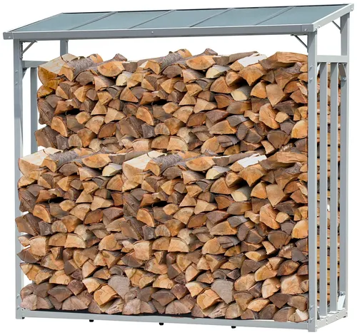Kaminholzregal QUICK STAR, grau - Aschesauger und Kaminholzlager in einem, aus robustem Aluminium und Polycarbonat, pulverbeschichtet für Langlebigkeit und modernes Design, ideal für den Außenbereich.