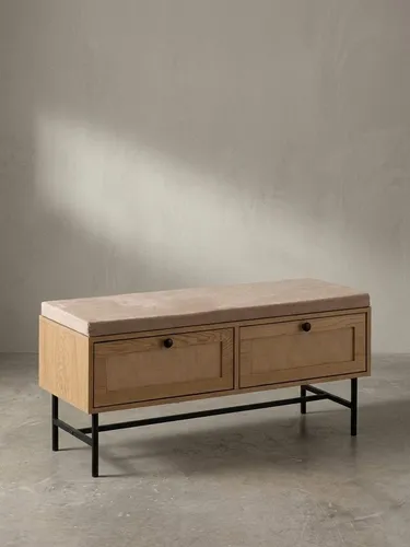 Kadima Design Schuhbank, Braun - Moderne Garderobenbank mit 2 Schubladen für praktischen Stauraum, abnehmbarem Sitzkissen und robustem Metallgestell, ideal für den Eingangsbereich.