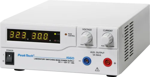 PEAKTECH 1560 - Labornetzgerät 1-32 V, 0-30 A, stabilisiert - Labornetzgerät mit präziser Mikroprozessorsteuerung, benutzerdefinierbaren Voreinstellungen und intelligenter Lüfterregelung für leisen, sicheren Betrieb.