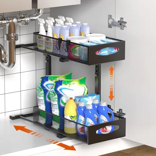 Housolution Spülschrank Organizer Ausziehbar, 2 Etagen Metall Unter Waschbecken Regal Spülenunterschrank Organizer, Unter Spüle Unterschrank Waschbeckenunterschrank Organizer, 1 Stück, Schwarz