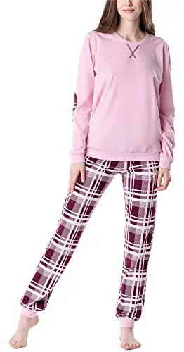 Merry Style Damen Lang Zweiteiliger Schlafanzug aus Baumwolle Pyjama Set Winter MS10-168 - Schlafanzüge für Damen, aus hochwertiger, weicher und atmungsaktiver Baumwolle; ideal für Herbst und Winter, mit bequemen Saum und praktischen Taschen.