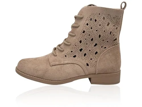Nowaland Damen Stiefelette Western-Stil mit dekorativem Lochmuster, Schnürung & seitlichem Reißverschluss, knöchelhoher Blockabsatz für Jeans, Kleider & Herbst-Outfits