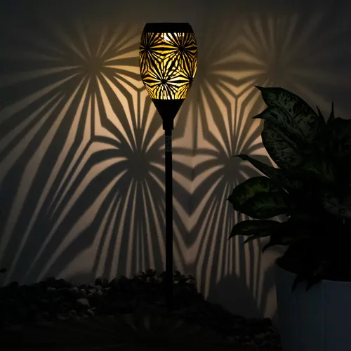 Gartenlampe Solardeko Außenleuchte schwarz gold LED Erdspieß - Energieeffiziente Solarleuchte für den Außenbereich, wetterfest und mit warmweißem Licht. Perfekt für stimmungsvolle Akzente in Ihrem Garten oder auf der Terrasse. Höhe: 58 cm.