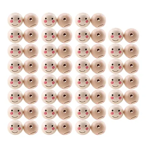 Stück Holzperlen, Smiley-Holzperlen Mit Gewinde, Natürliche Runde Lose Perlen Mit Löchern für DIY-Armbänder, Halsketten, Kunsthandwerk und Schmuckherstellung 60