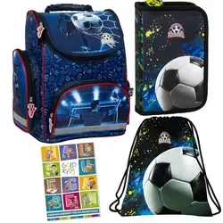 Schulranzen für Jungen im 4er-Set - Fußball Motiv - Hochwertiger Schulranzen mit ergonomischem Design für optimalen Tragekomfort. Das Set umfasst einen Rucksack, ein Federmäppchen und einen praktischen Schuhbeutel, ideal für den Schulalltag und kleine Fußballfans.