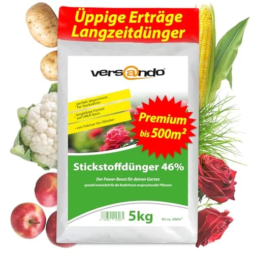 versando 5kg Stickstoffdünger bis 500m²: 46% UREA Stickstoff für Rasen, Gemüse, Blumen von Frühjahr bis Herbst, fördert üppiges Blattwachstum mit Langzeitwirkung - Premium Qualität
