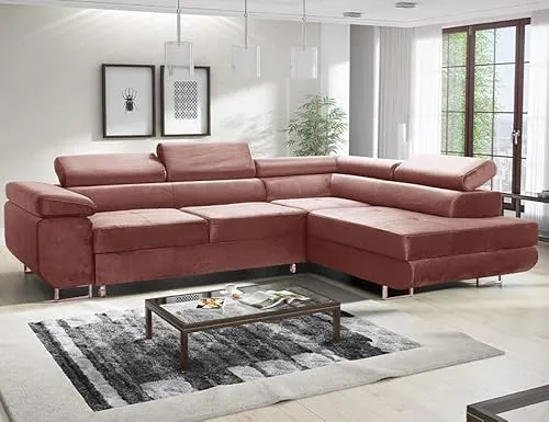 MODERNO Ecksofa mit Schlaffunktion und Bettkasten Avesta - Sofa +3 Sitzen mit Robusten Metallfüße - Schlafcouch L-Form - Modern Couch 277x203x73 cm - Ecke Rechts Velours Rosa