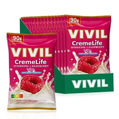 VIVIL Creme Life Himbeere Sahnebonbons ohne Zucker - 15 Beutel x 90g - Sonstige Süßigkeiten, zuckerfreie und glutenfreie Sahnebonbons mit cremig-zartem Himbeergeschmack - ideal für unterwegs und jederzeit genussvoll!