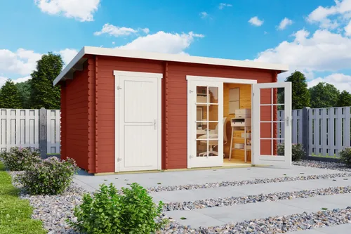 Gartenhaus Blockhaus Pultdach 28 mm Belmont 1 rot - Gartenhaus in Schwedenrot, made of 28 mm Blockbohlen, mit abschließbaren Türen und 9.15 m² Nutzfläche – ideal für Gartenlager oder Freizeit.