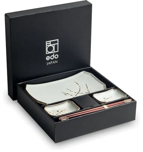 JAPAN ORIENTAL SUSHI TELLER SET | 6-teiliges Sushi Geschirr Set für 2 Personen - Sushiteller Set mit 2 Sushi Tellern, 2 Saucenschälchen und 2 Essstäbchen in elegantem japanischen Design. Ideal für Sushi-Abende und multifunktional einsetzbar. Hergestellt in Japan, spülmaschinenfest.