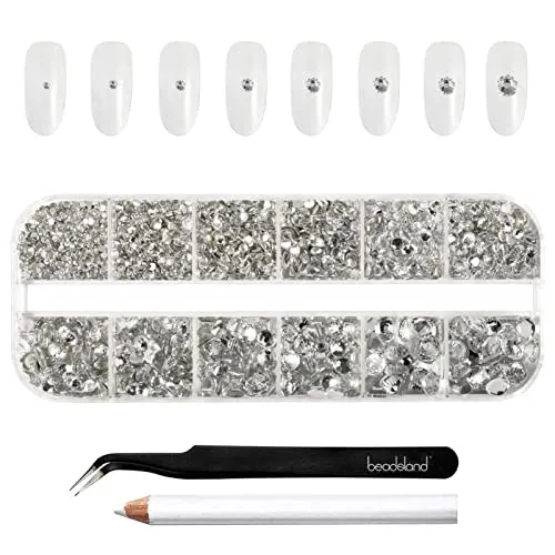 Beadsland 2500pcs Kristall Strasssteine, Flatback Gems Round Crystal Strasssteine ​​zum Basteln Gemischt 8 Größen SS4 ~ SS30 mit Picking Pinzette und Stift(Kristall Weiss)