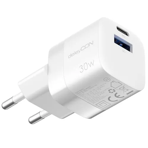 deleyCON Ladegerät USB A und C (2 Port - Kompaktes 30W Schnellladegerät) GaN USB Netzteil für iPhone 17/16/15/14/13/12/11 iPad Galaxy S25/S24/S23 Pixel Handy PD 3.0 Charger - Weiß