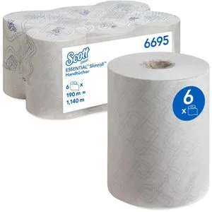 Scott® Handtuchrollen ESSENTIAL SLIMROLL 6695 1-lagig - Sonstige – 1-lagiges, reißfestes Airflex-Papier für effektives Händetrocknen in stark frequentierten Waschräumen. Ideal für Aquarius Slimroll Spender, 6 Rollen mit 190 m Länge.