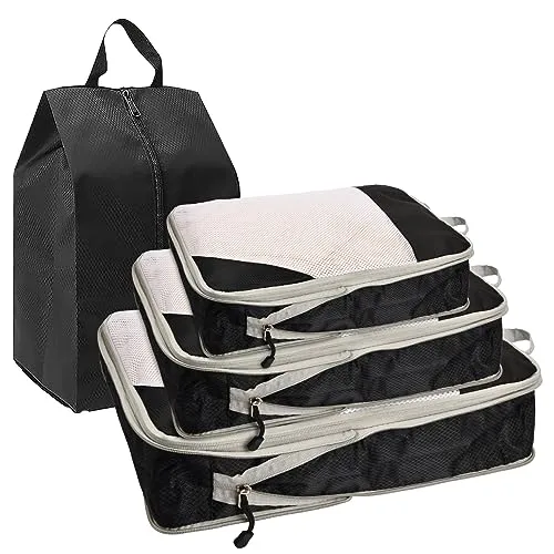 Kompression Packtaschen 4 Stück Wasserabweisende Kleider Organizer Koffer Compression Packing Cubes Set Wiederverwendbar Gepäck Aufbewahrung Schwarz Reise Taschen Würfel Verpackungswürfel