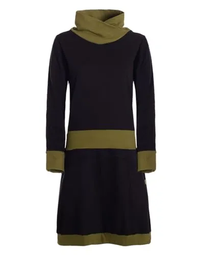 Vishes Alternative Bekleidung - Damen Oberhalb des Knies Kleid Baumwolle Casual Daumenloch Stehkragen mit Taschen schwarz-grün 44