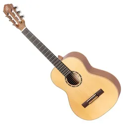 Ortega R121L-3/4 Natur Gitarre - Family Series, mit Fichtendecke und Mahagonikorpus, ideal für Einsteiger und junge Musiker, bietet warmen Klang und angenehmes Spielgefühl.