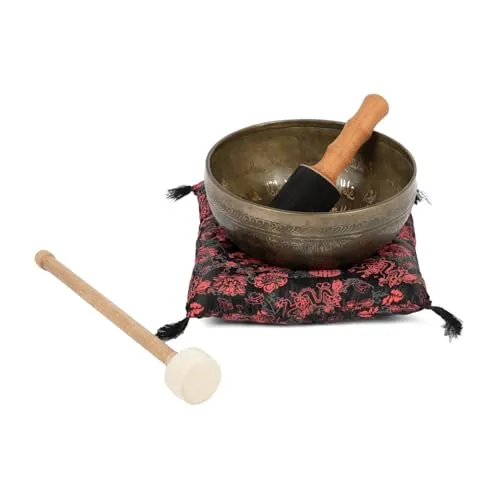 Bodhi Tibetische Klangschale Ø 23 cm – Handgefertigtes Set mit Blume des Lebens Gravur - Klangschalen aus Bronze für Meditation und Entspannung, inkl. Kissen & Klöppel – ideal für Stressabbau und innere Ruhe.