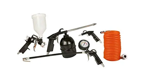 FERM Druckluftwerkzeug-Set - 5-Teilig Farbspritzpistole - Sprühpistole - Riefenfüller - Ausblaspistole - Spiralslauch 5m