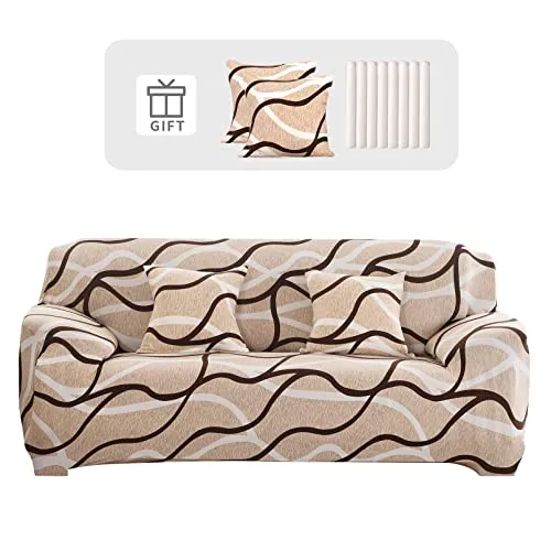 Lydevo Sofabezug 3 Sitzer Stretch Sofahusse Elastischer Sofabezug Spandex Sofa Überzug mit 2 Kissenbezug Anti-Rutsch Waschbar Sofa Protection Cover Schonbezug Couch,Kaffeelinie