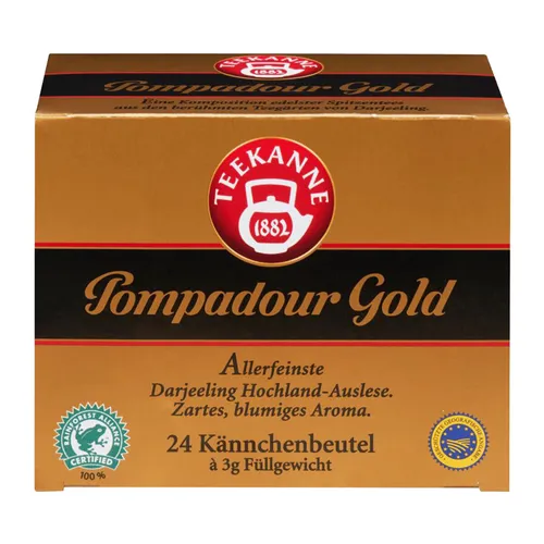 Teekanne Pompadour Gold - Zartes blumiges Aroma Schwarztee 72g - Schwarzer Tee mit zartem blumigen Aroma, ideal für entspannende Momente. Perfekt für Teeliebhaber, die eine besondere Geschmacksnote suchen.